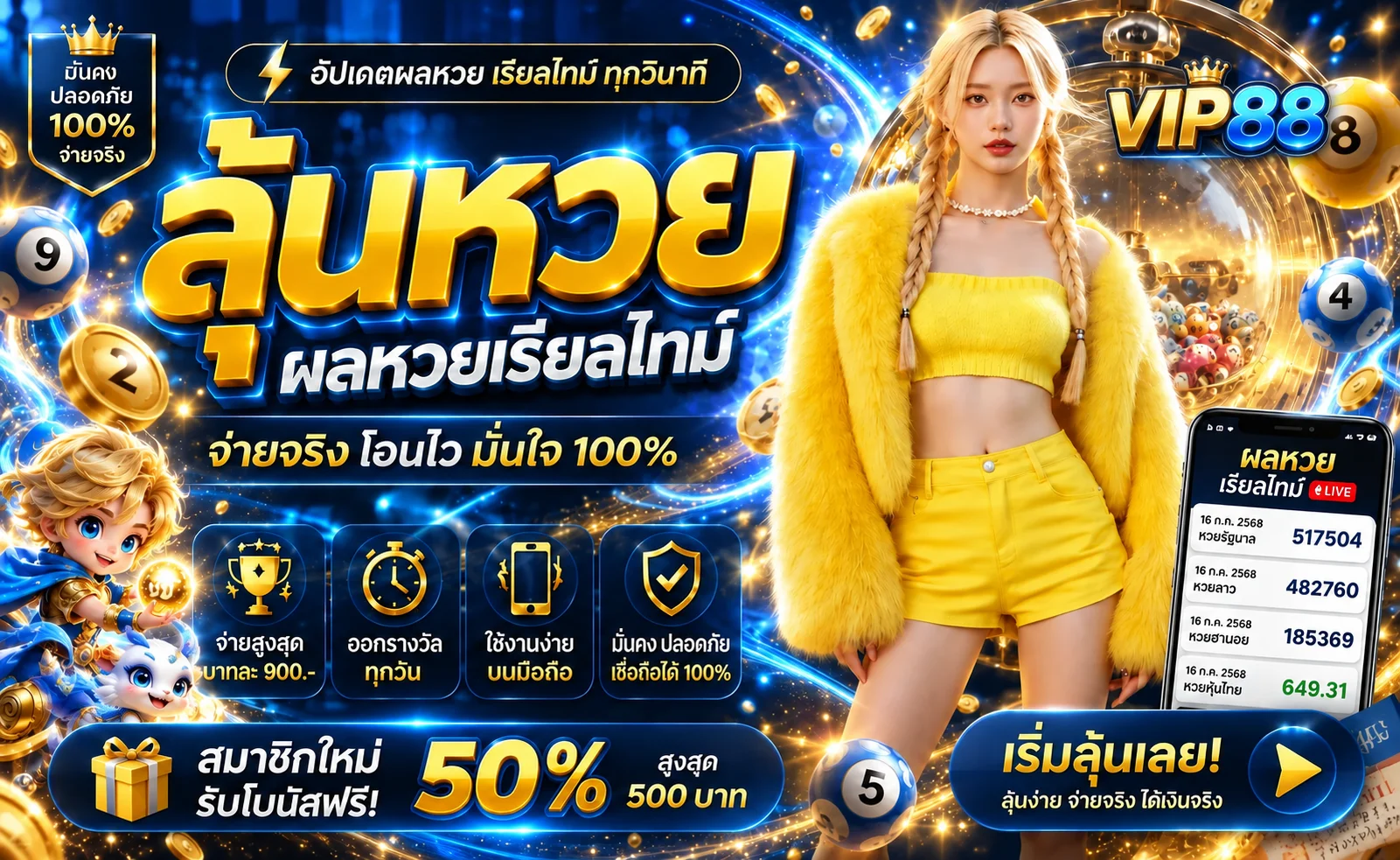 VIP88 ศูนย์รวมผลรางวัลและบริการออนไลน์โทนน้ำเงินทอง